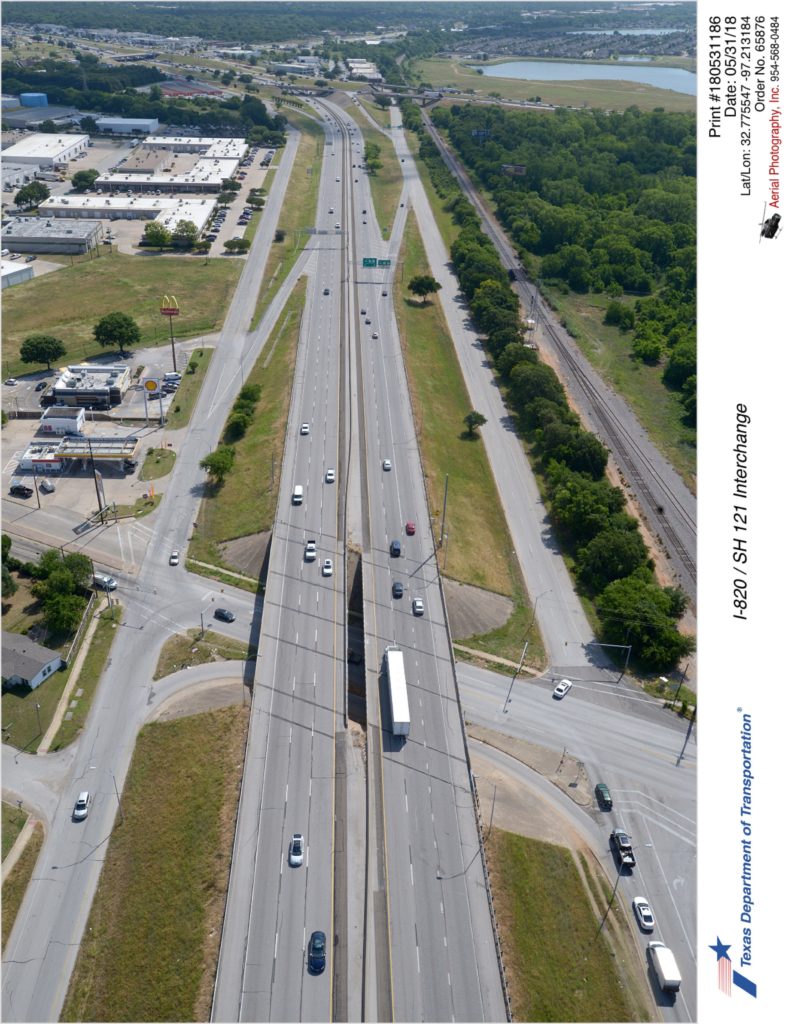 Aerial view taken May 2018 of SH 121 looking northeast. Foreground is of Handley Ederville Road interchange.