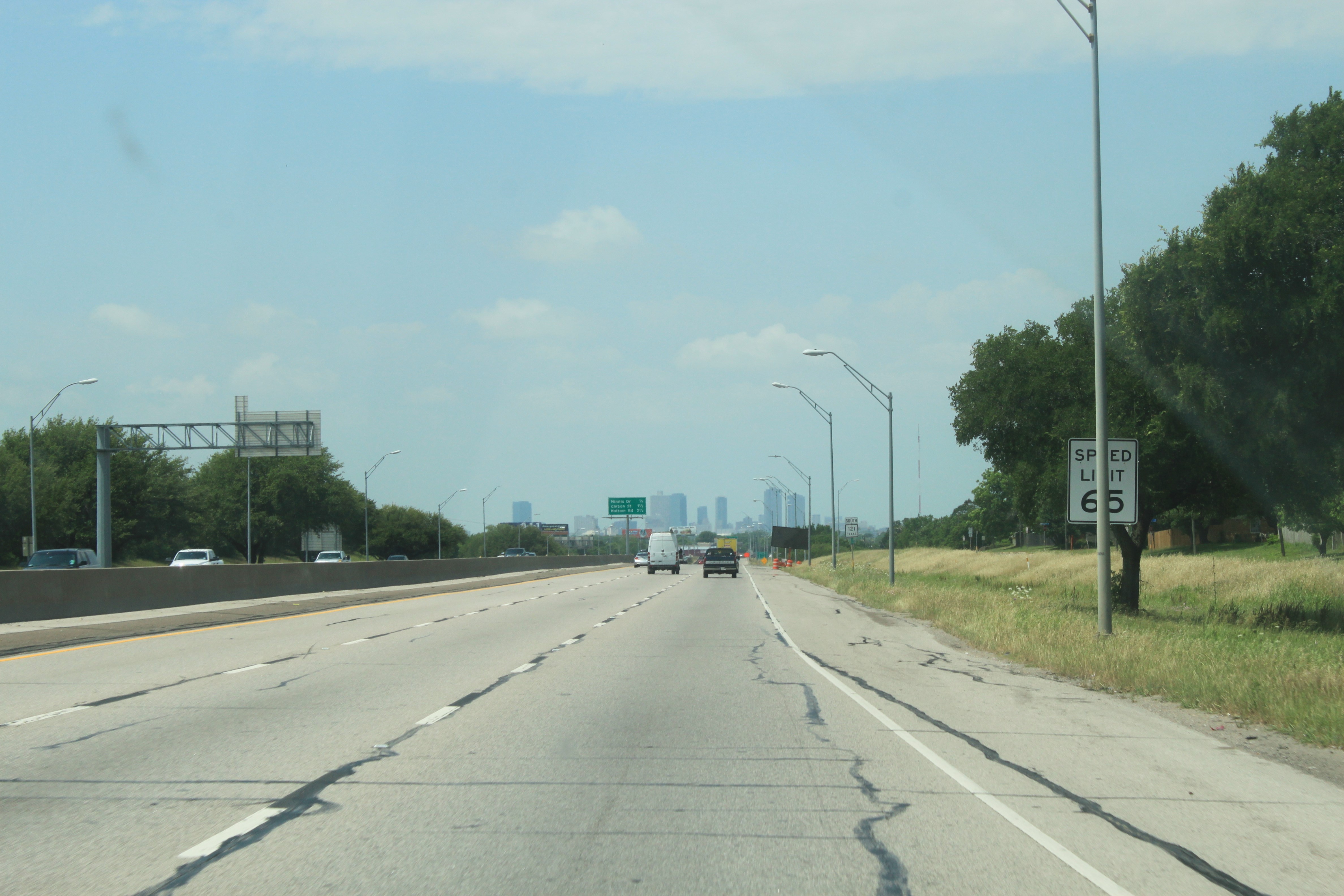 SH 121 southbound after Handley Ederville Rd entrance ramp. Downtown Fort Worth seen in background.
