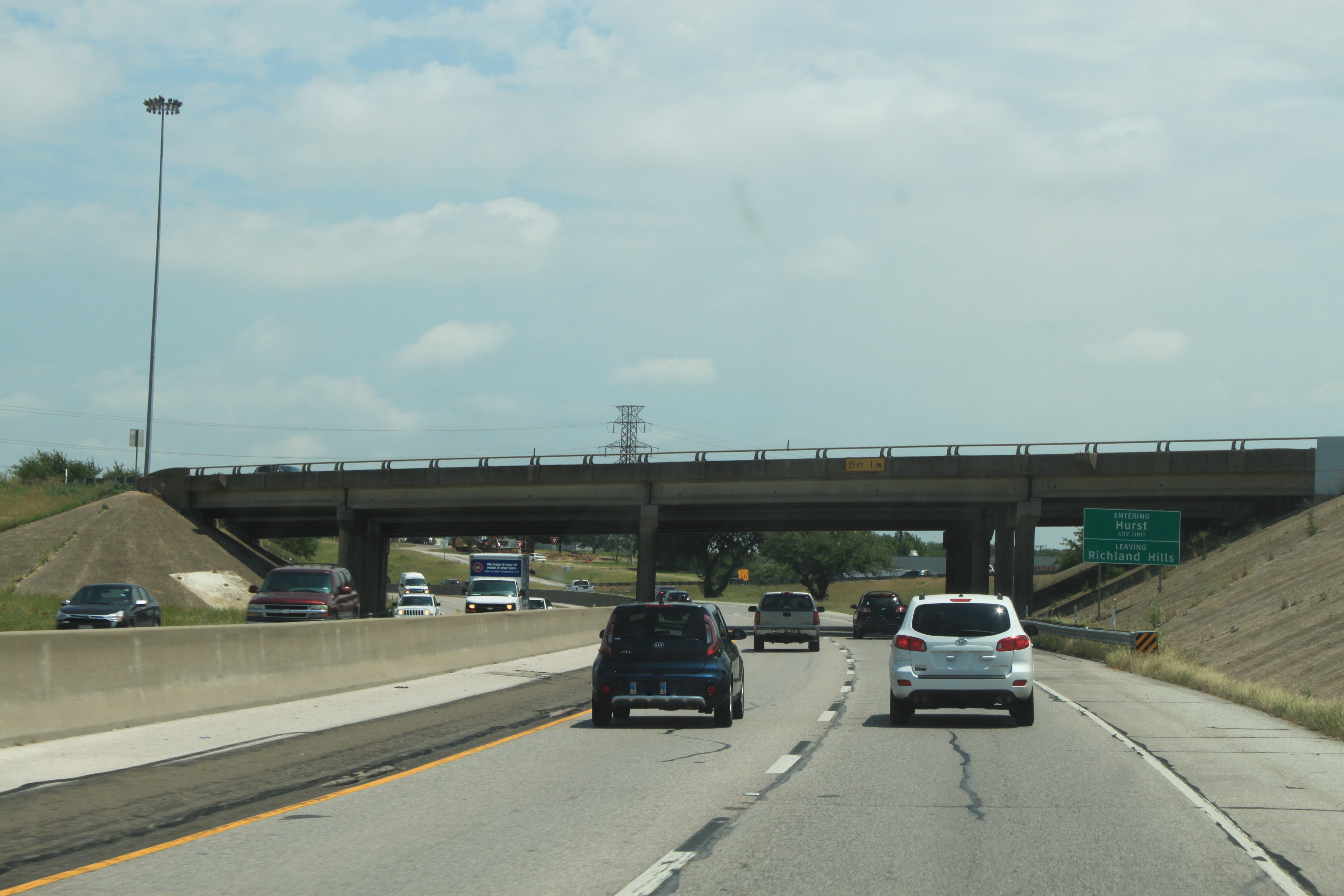 SH 121 northbound approaching the Hurst-Richland Hills city limits and I-820 southbound overpass.