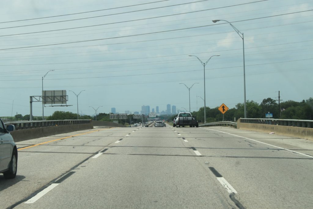 SH 121 southbound over Handley Ederville Rd. Downtown Fort Worth is in background.