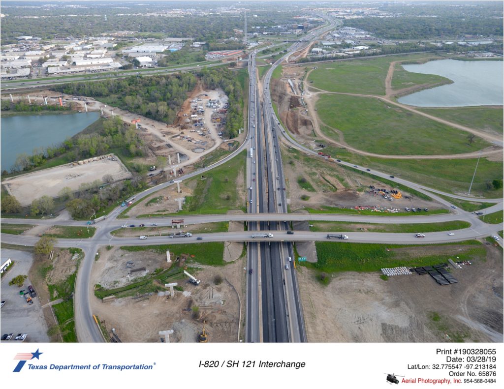 I-820 and Trinity Boulevard interchange showing direct connector construction to northwest.