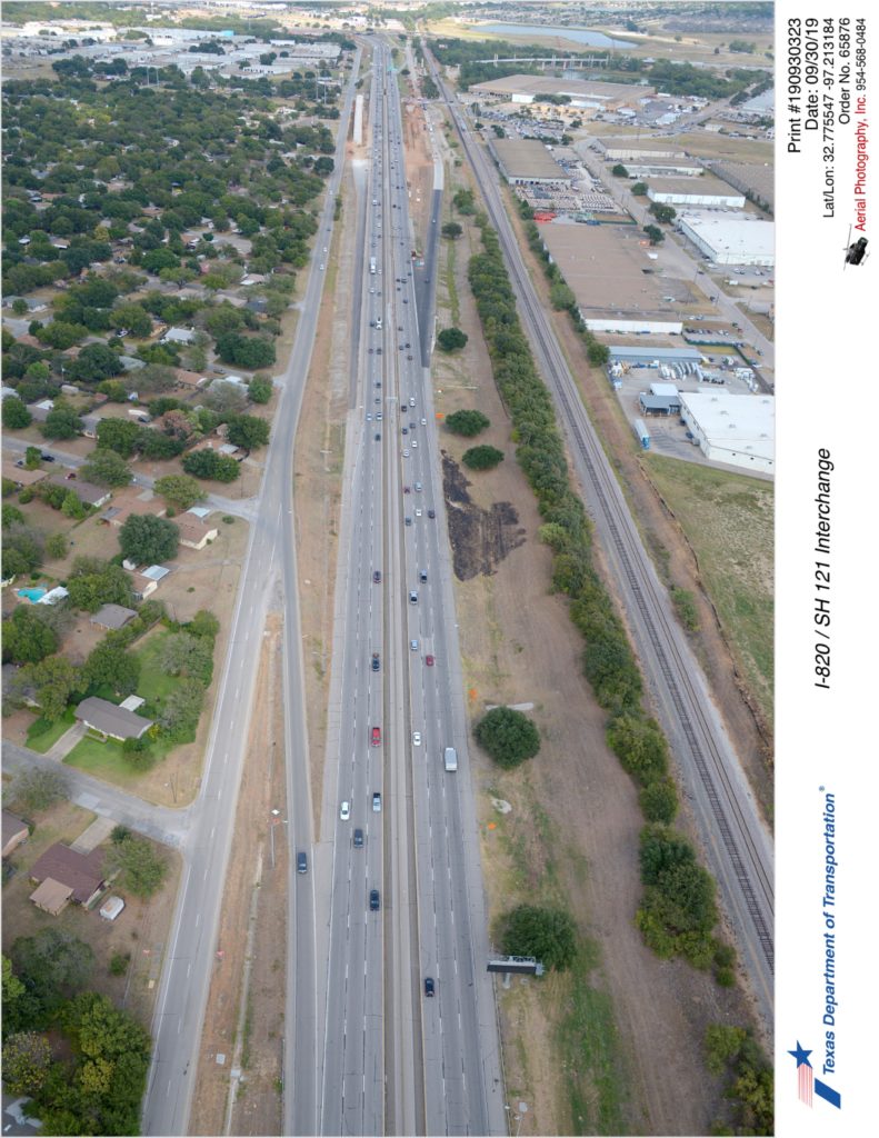 SH 121 looking northeast toward Handley-Ederville Rd. New northbound exit ramp is visible.