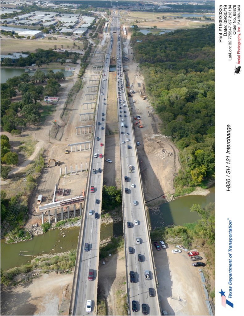 I-820 looking north over the Trinity River. Construction of southbound mainlanes and bridges are on the west side.