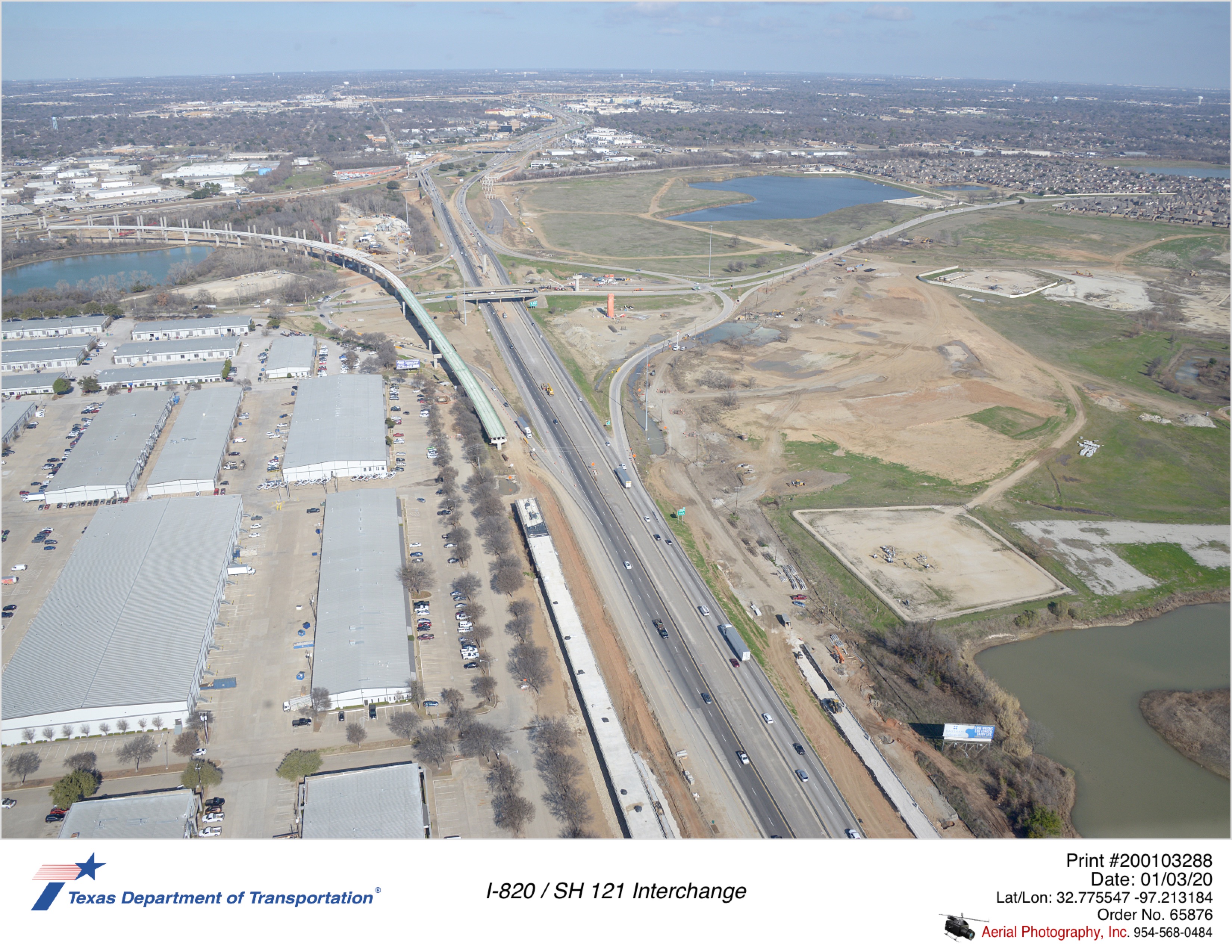 I-820 looking northeast over the Trinity River with Trinity Blvd interchange in the mid-ground. Construction shown for southbound direct connector SH 121 and mainlanes, and work along northoubnd I-820.