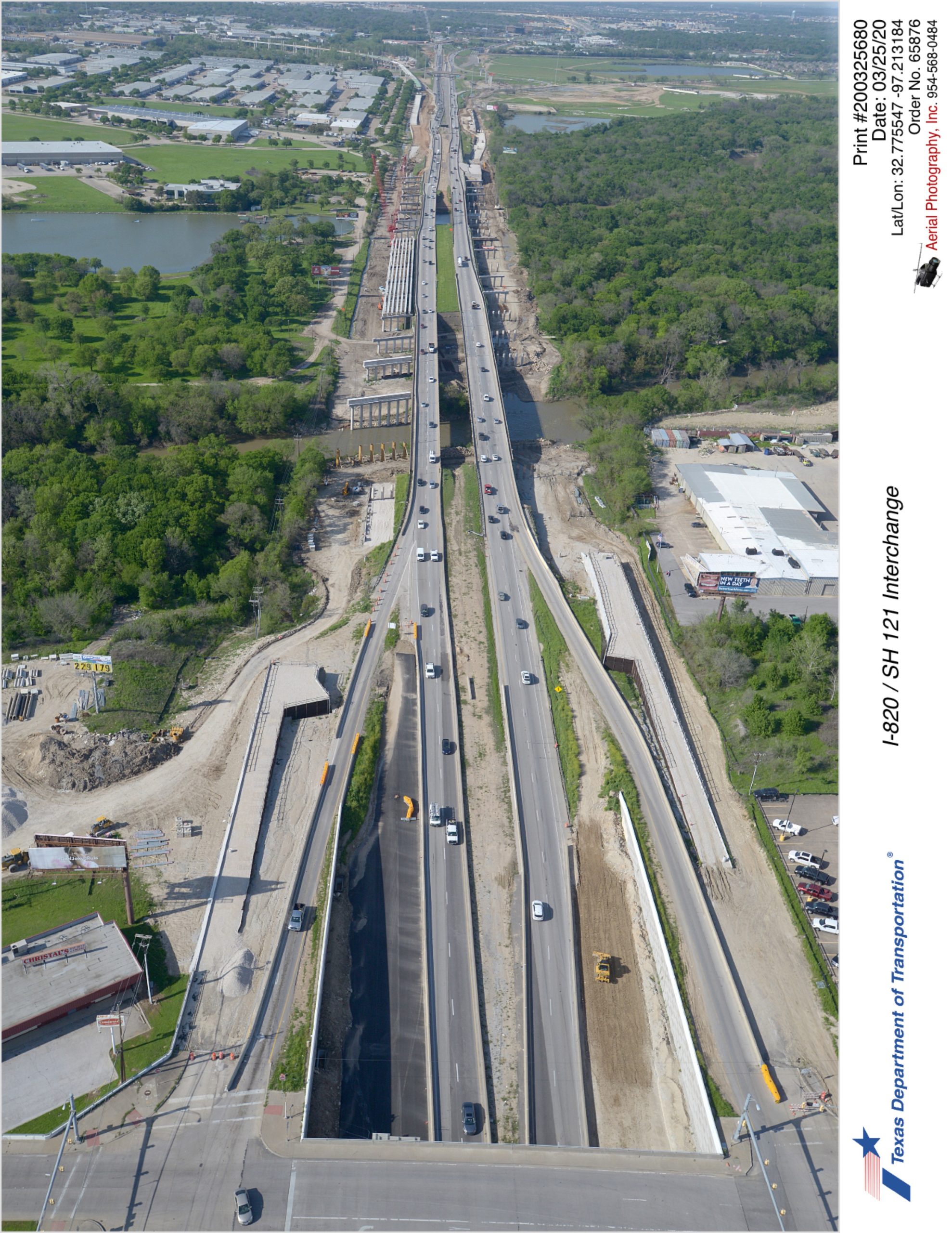 I-820 looking north over Randol Mill Rd. Construction seen for southbound mainalnes over the Trinity River.