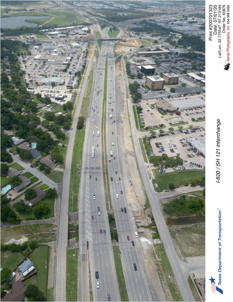 Looking south over I-820/Glenview Dr interchange. Construction of new southbound mainlanes between Calloway Branch and SH 10 shown.
