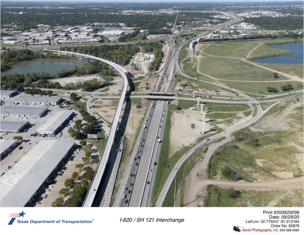 I-820 looking north at Trinity Blvd interchange. Construction of new direct connectors to and from SH 121 are shown crossing Trinity Blvd and I-820.