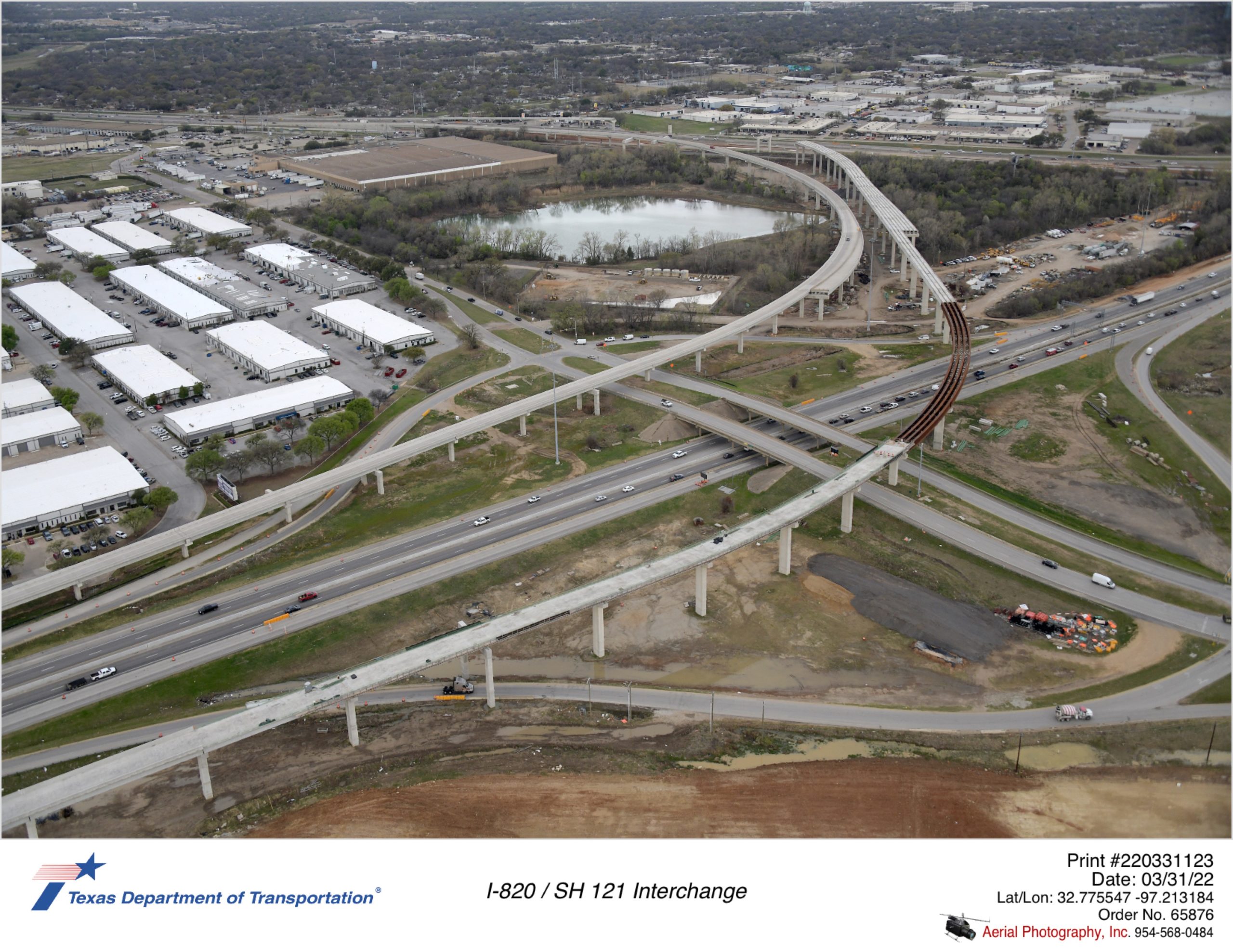 I-820 and Trinity Blvd interchange looking northwest. Focus on progress of the north-to-south direct connector ramp.