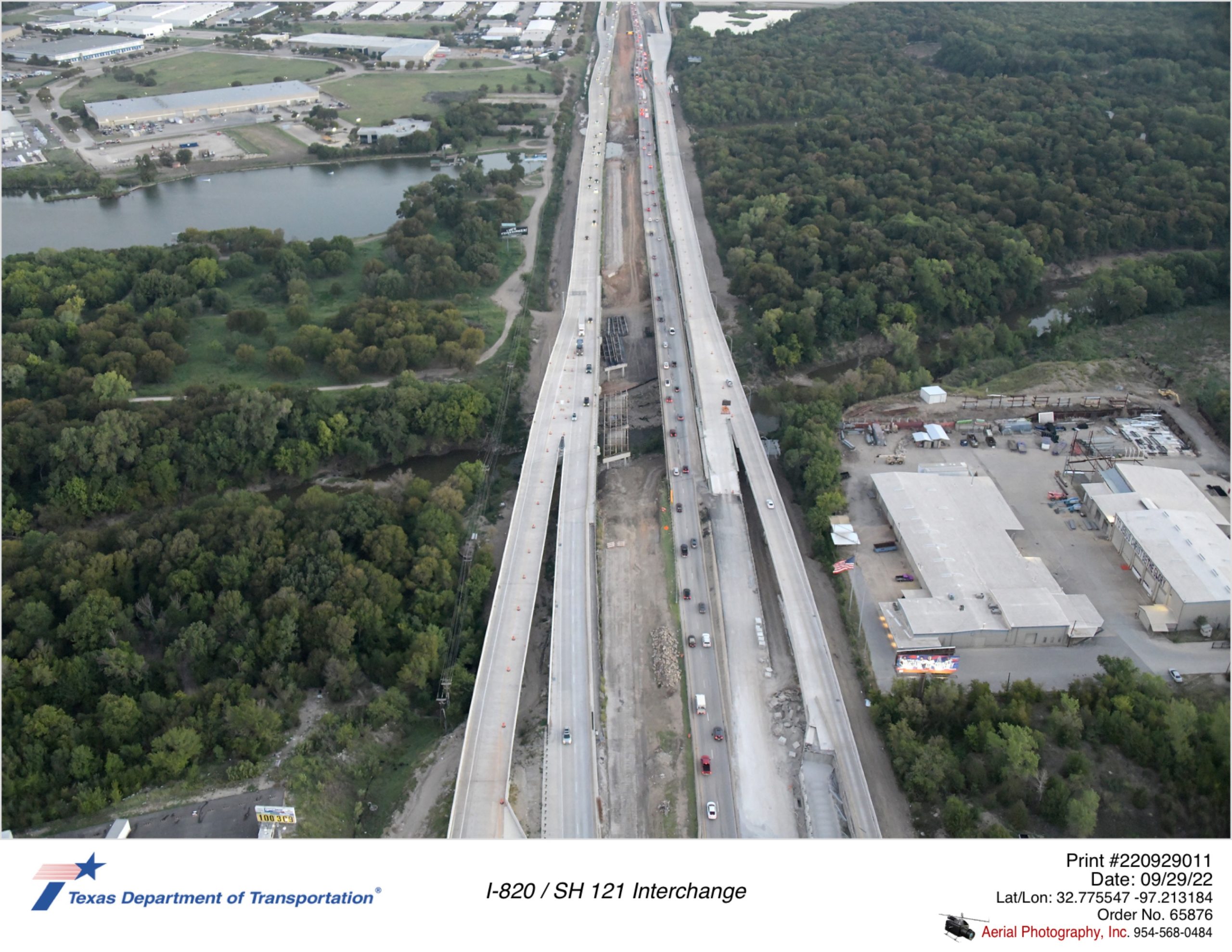 I-820 looking north over Randol Mill Rd. Removal of old I-820 bridges over Trinity River and floodplain shown between I-820 traffic.