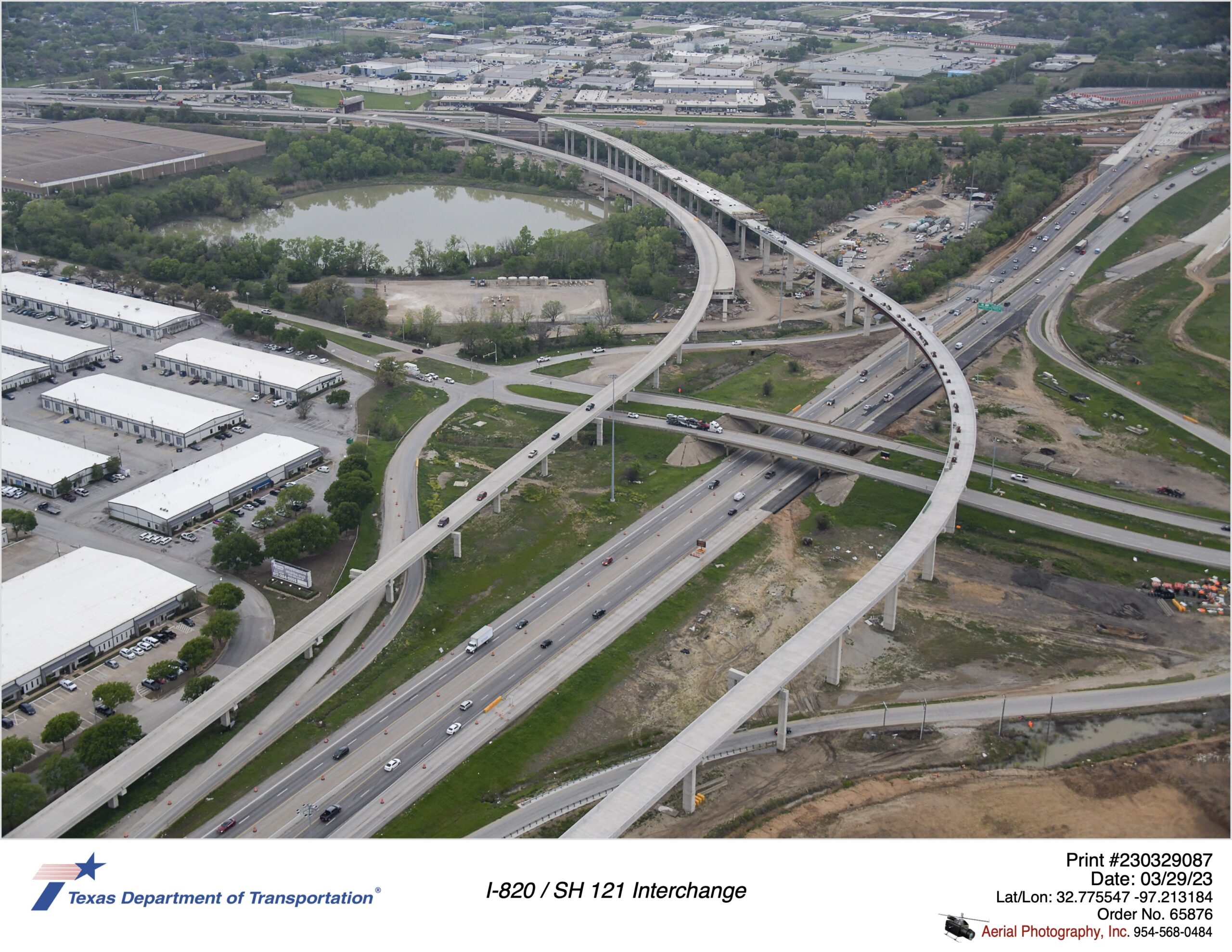 I-820 and Trinity Blvd interchange highlighting construction of northbound connector to SH 121. March 2023.