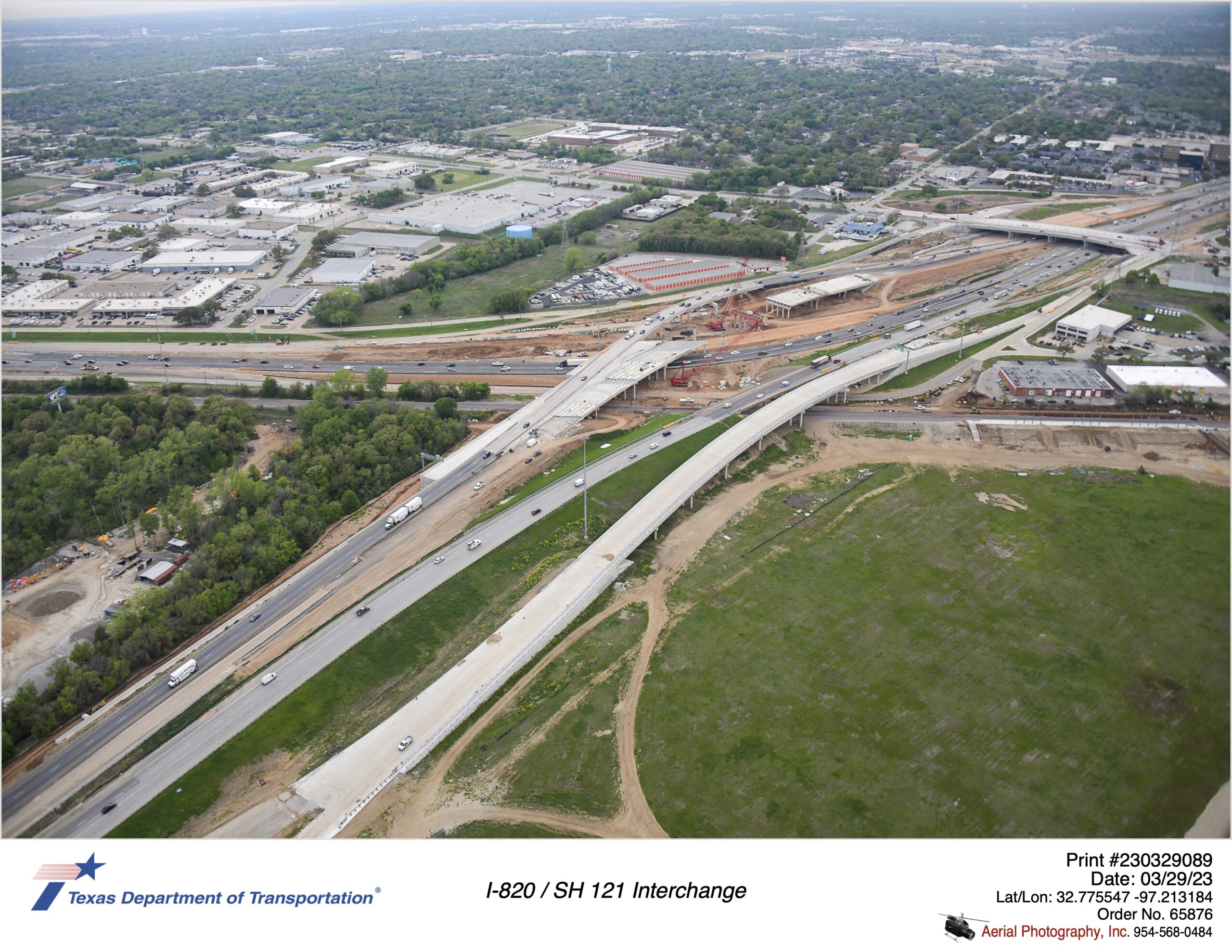 I-820 and SH 121 interchange looking north focusing on construction of future I-820 southbound  mainalnes. March 2023.