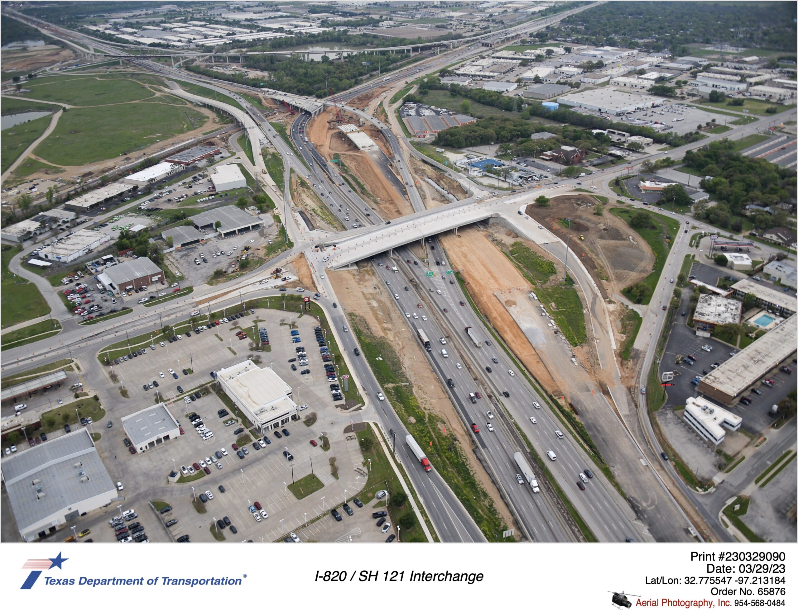 I-820 and SH 10 interchange highlighting construction of future southbound lanes, southbound frontage road and SH 10 connections to frontage roads. March 2023.