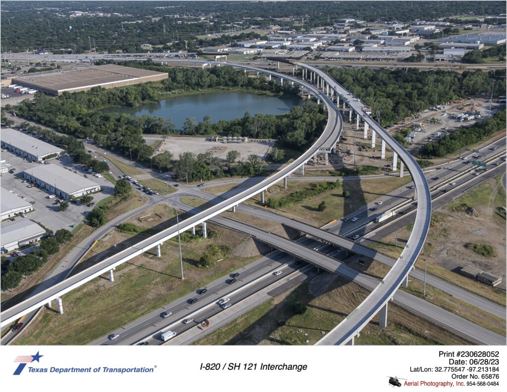 I-820 and Trinity Blvd interchange looking northwest. Image shows new direct connectors.