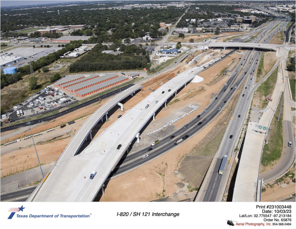 I-820 and SH 121 interchange looking north. October 2023.