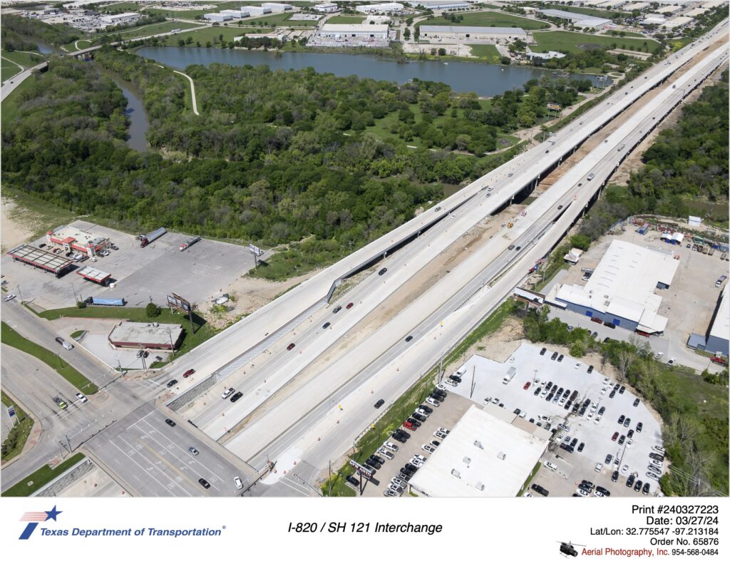 I-820 looking northwest over Randol Mill Road interchange at the Trinity River crossing.