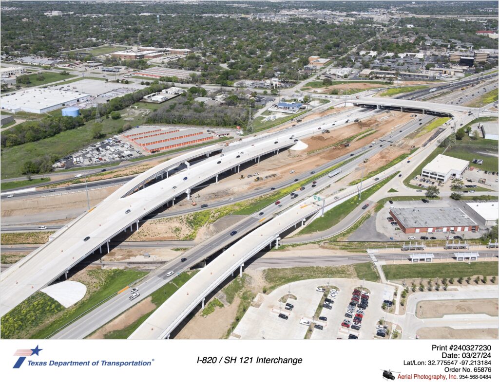 I-820 interchange with SH 121 and SH 10 interchange in background.