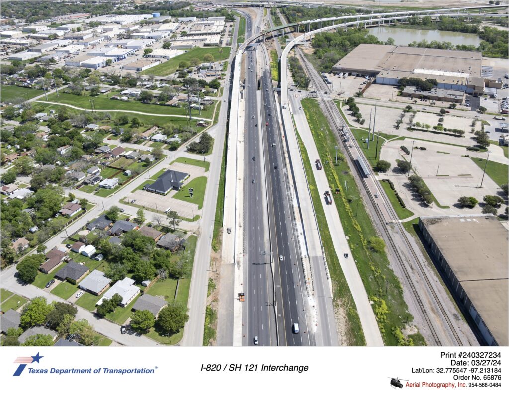 SH 121 looking northeast at direct connector ramps in background.